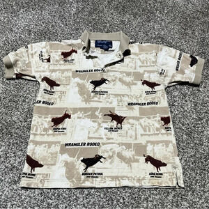 Vintage Wrangler Shirt Youth L Beige Bull Rodeo Champion Print Western Polo Note